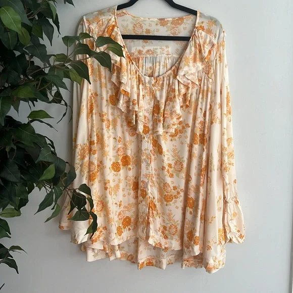Free people loretta printed oversized tunic in tea combo orange & white  xs B17 - Picture 10 of 11